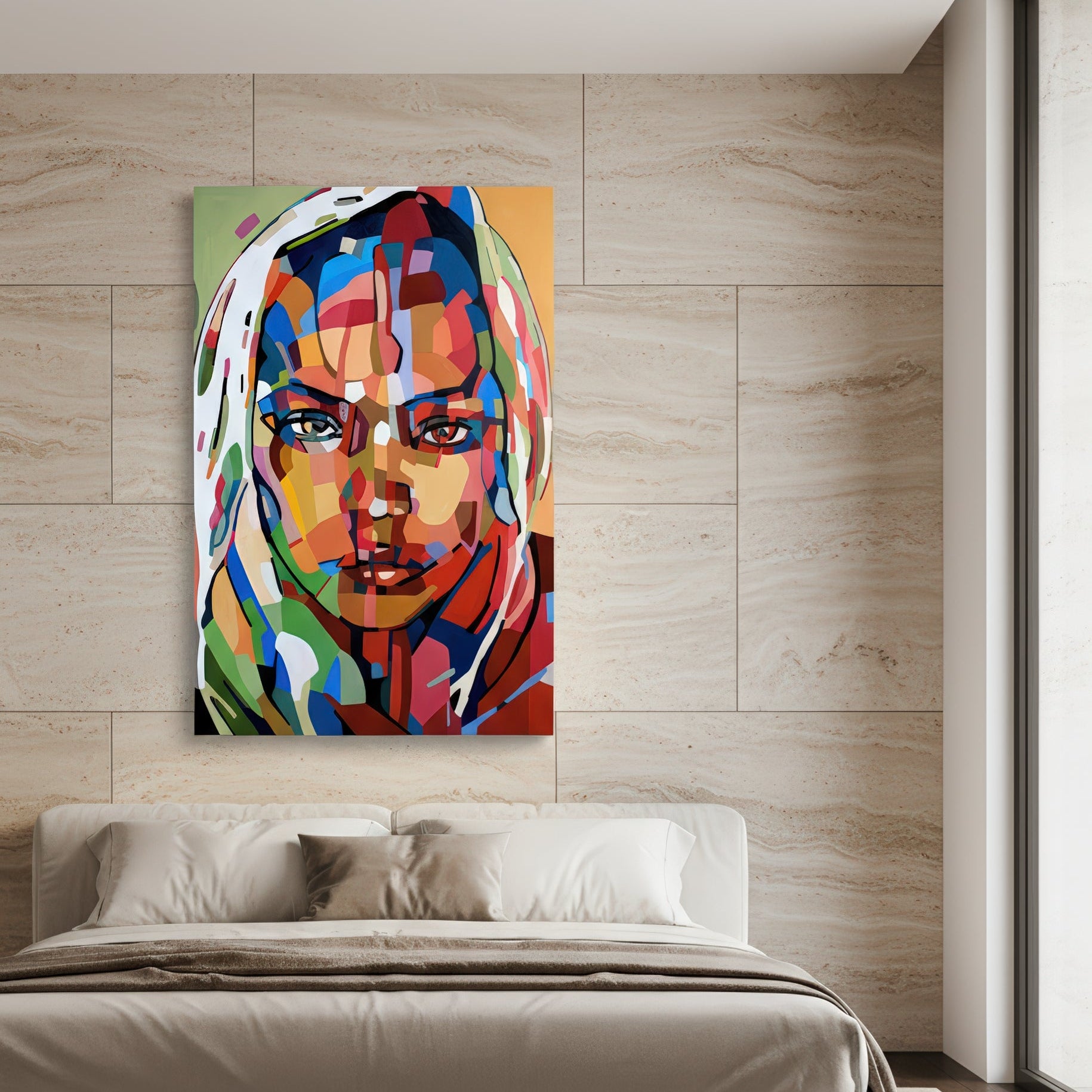All is here. now is a limited edition art print by Noemi Safir depicting a female portrait with a steady direct gaze, built from layered painterly shapes in coral, cobalt blue, lime green, blush pink, peach, and ivory.
