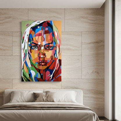 All is here. now is a limited edition art print by Noemi Safir depicting a female portrait with a steady direct gaze, built from layered painterly shapes in coral, cobalt blue, lime green, blush pink, peach, and ivory.