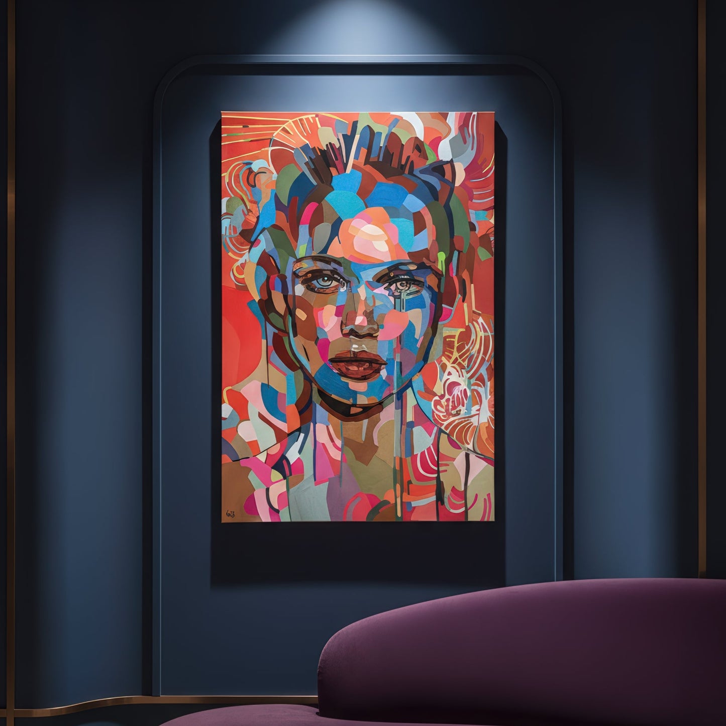 Signed and hand numbered fine art print by Noemi Safir, showing a woman’s face in a frontal close composition, rendered through layered abstract brushstrokes and bold contemporary color fields.