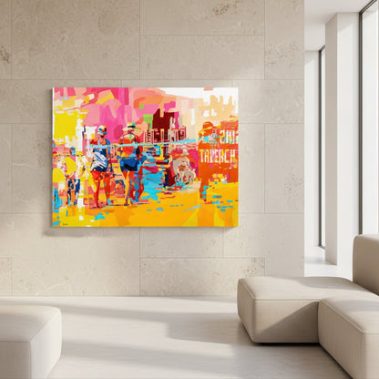 Tel Aviv beach by Noemi Safir is a signed limited edition print with a lively seaside composition where figures, water, sky, and sand dissolve into radiant planes of pink, turquoise, yellow, orange, and white.