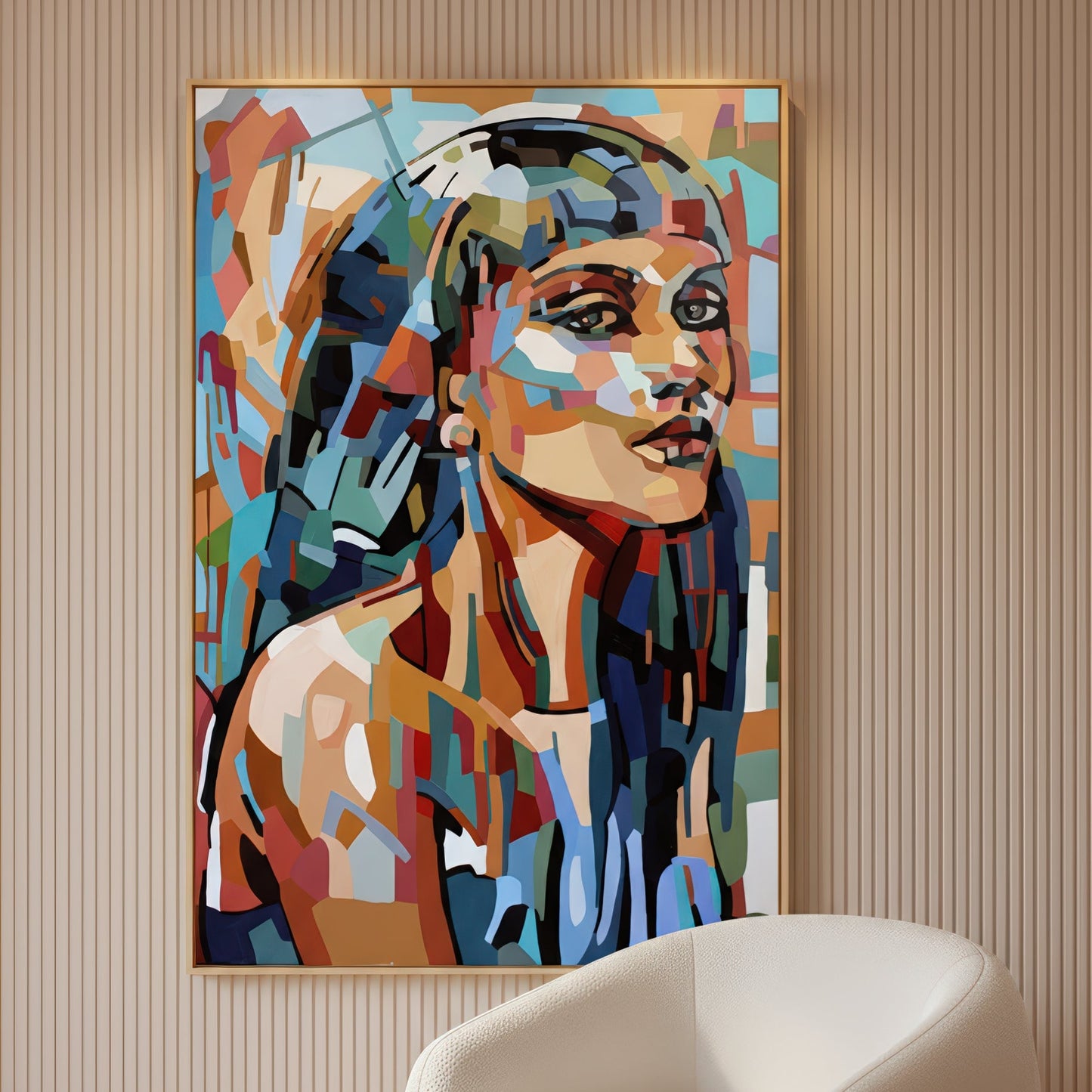 Black Princess is a limited edition art print by Noemi Safir depicting a female portrait with long flowing hair, built from expressive painterly shapes in blue, aqua, coral, blush, warm brown, and soft cream.