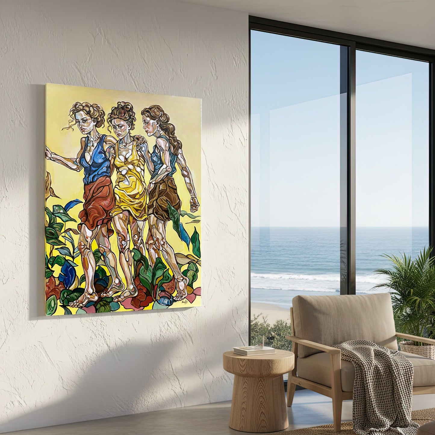 Original painting titled Hollow Fall by Noemi Safir, a vertical figurative artwork with three women and layered green botanical forms