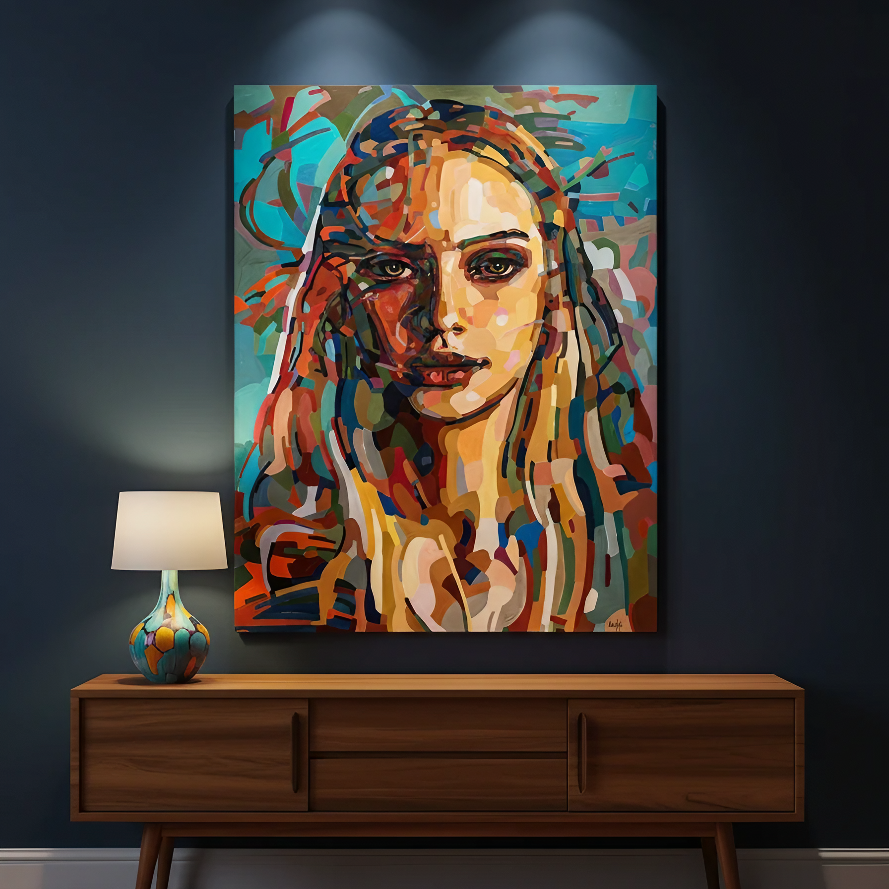 Museum quality fine art print by Noemi Safir based on an original painting, showing a female face formed through colorful abstract marks and strong tonal contrast against a bright blue green background.