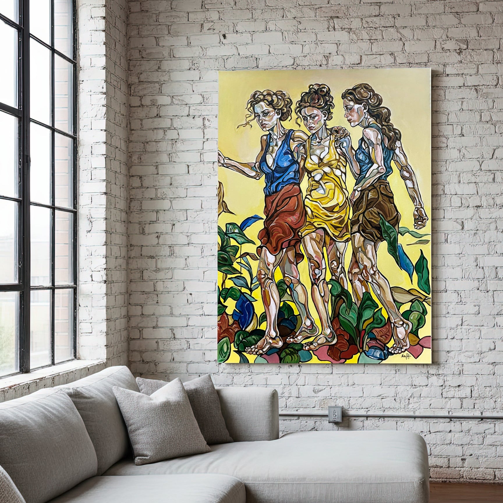 One of a kind original artwork by Noemi Safir showing three women, green leaves, and expressive figurative linework in Hollow Fall