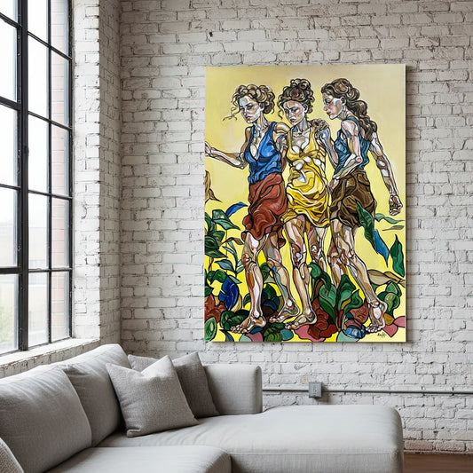 One of a kind original artwork by Noemi Safir showing three women, green leaves, and expressive figurative linework in Hollow Fall