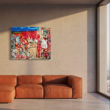Contemporary urban figurative print by Noemi Safir featuring a café frontage with seated people, bicycles, and standing figures, painted in a fresh modern palette of pink, red, blue, cream, orange, and pale gray.