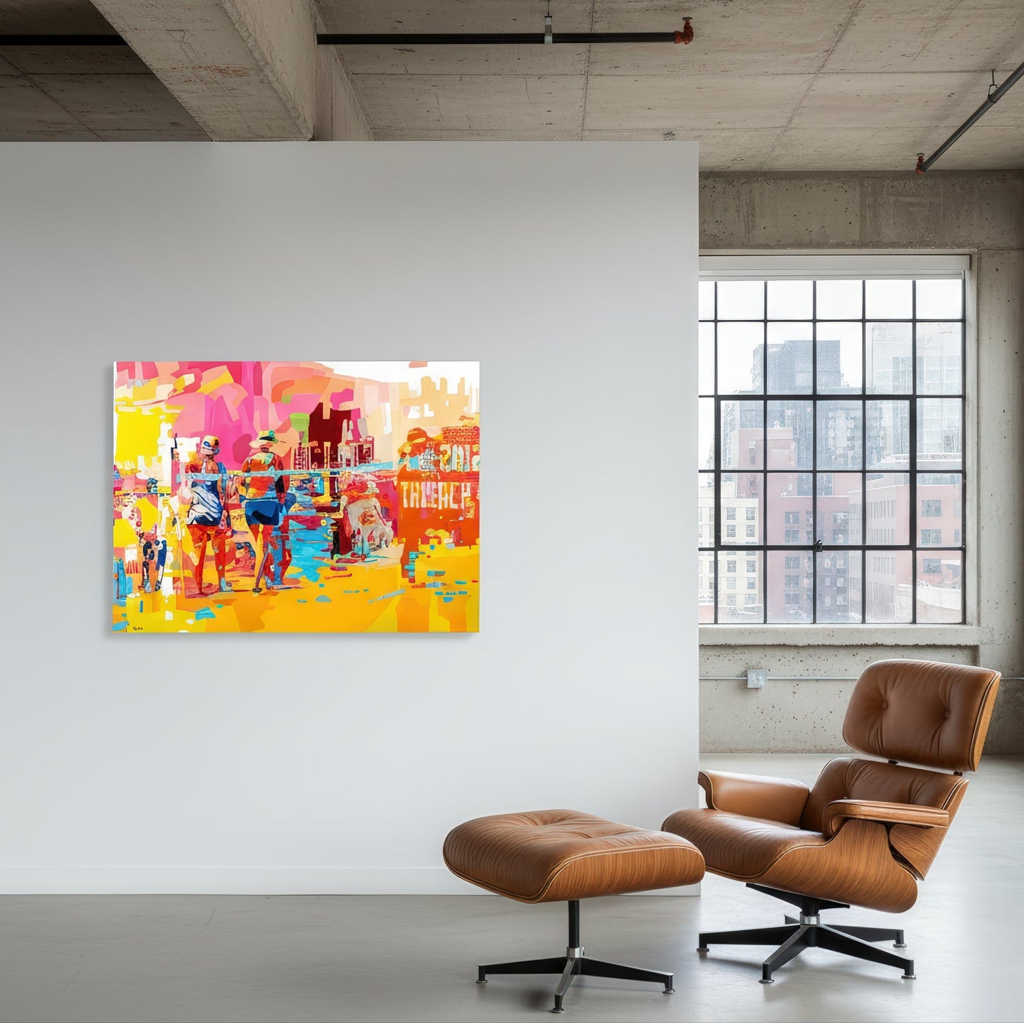 Collectible contemporary beach print by Noemi Safir featuring people gathered along the shore in a vibrant seaside atmosphere, with glowing yellow sand, turquoise reflections, and a radiant pink and white sky.