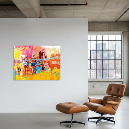 Collectible contemporary beach print by Noemi Safir featuring people gathered along the shore in a vibrant seaside atmosphere, with glowing yellow sand, turquoise reflections, and a radiant pink and white sky.