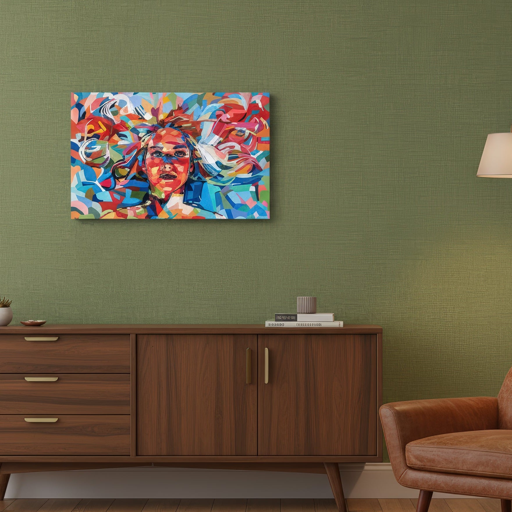 Limited edition contemporary portrait print by Noemi Safir, presenting a female figure with a direct gaze in a radiant composition of aqua, pink, coral, green, blue, and white, with dynamic abstract forms around her head.