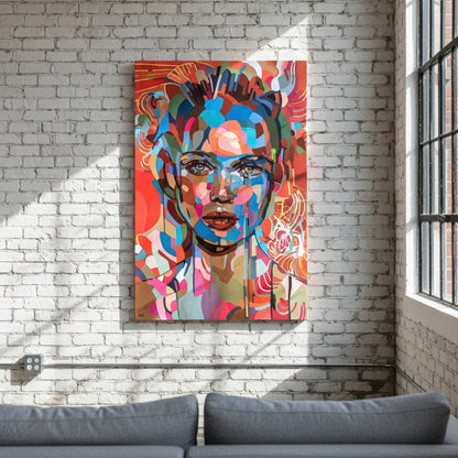 It is time by Noemi Safir is a limited edition fine art print featuring a close female portrait in vivid tones of coral, turquoise, pink, blue, peach, olive, and cream against a radiant warm background.