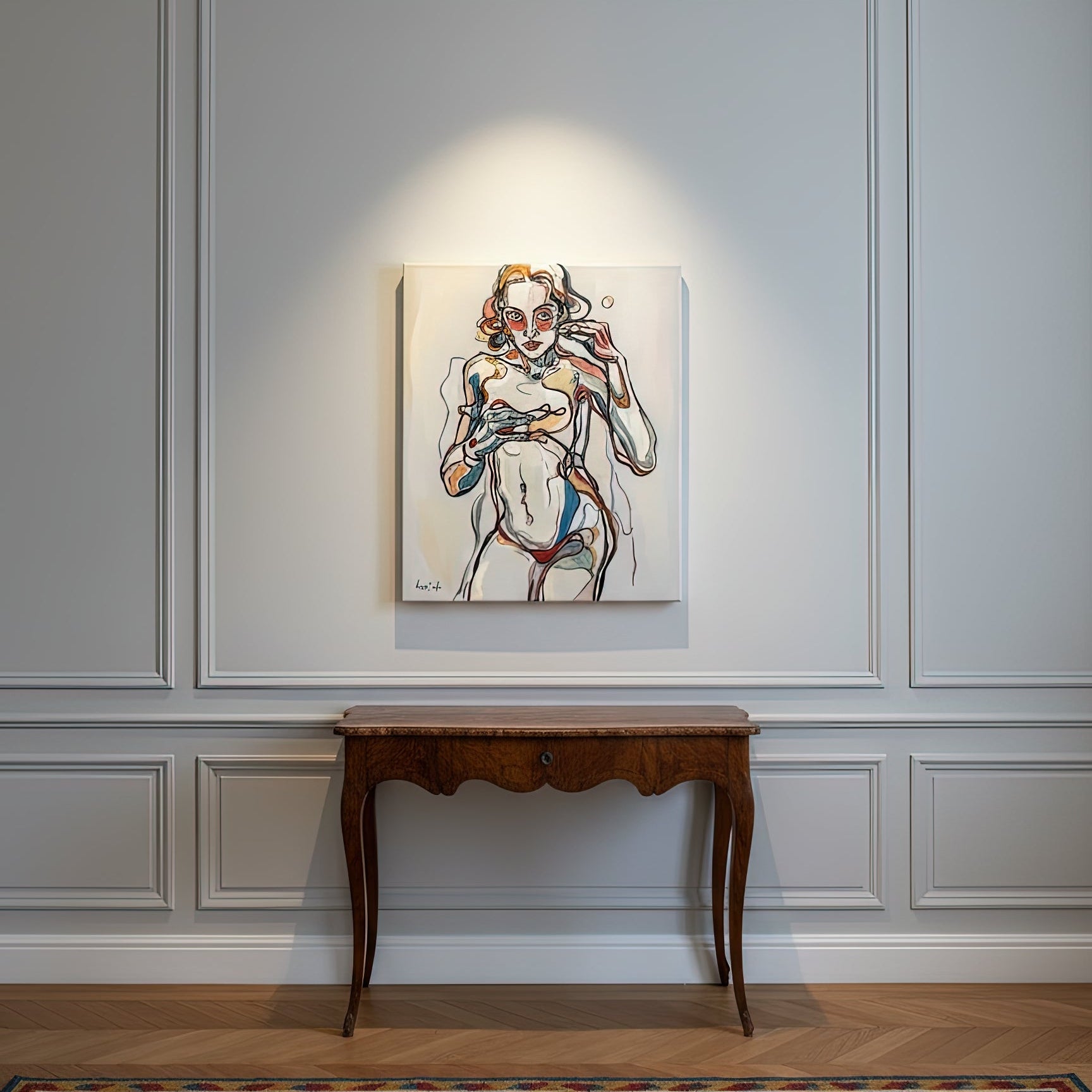 Contemporary figurative artwork by Noemi Safir showing a female body crossed by red, black, and blue thread like forms