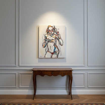 Contemporary figurative artwork by Noemi Safir showing a female body crossed by red, black, and blue thread like forms