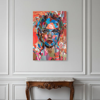 It is time is a limited edition art print by Noemi Safir depicting a female portrait with a direct gaze, built from expressive painterly shapes in bright blue, coral, blush pink, orange, mint, and earthy brown.