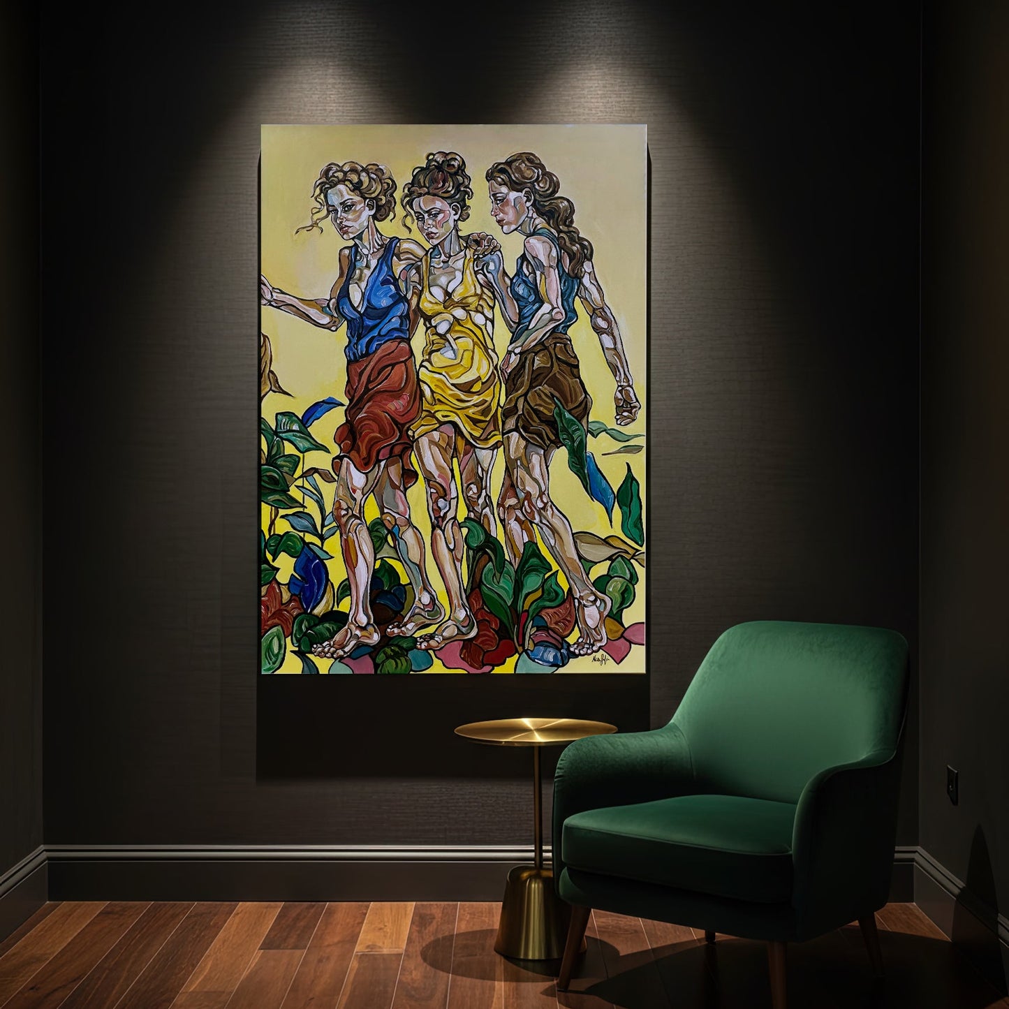 Original contemporary painting by Noemi Safir showing three barefoot women in a bold yellow setting with tropical leaves and organic shapes