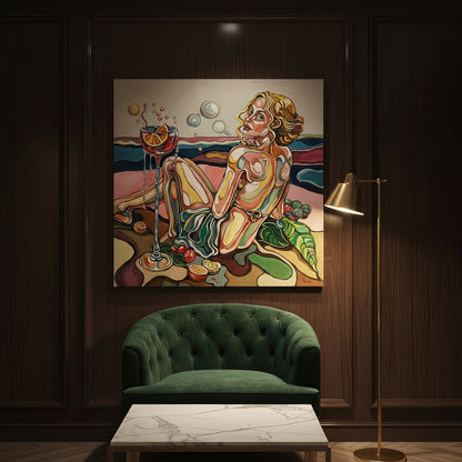 Original contemporary painting by Noemi Safir with a blonde reclining woman, dripping cocktail glass, citrus fruit, and pink blue horizon in As I Am