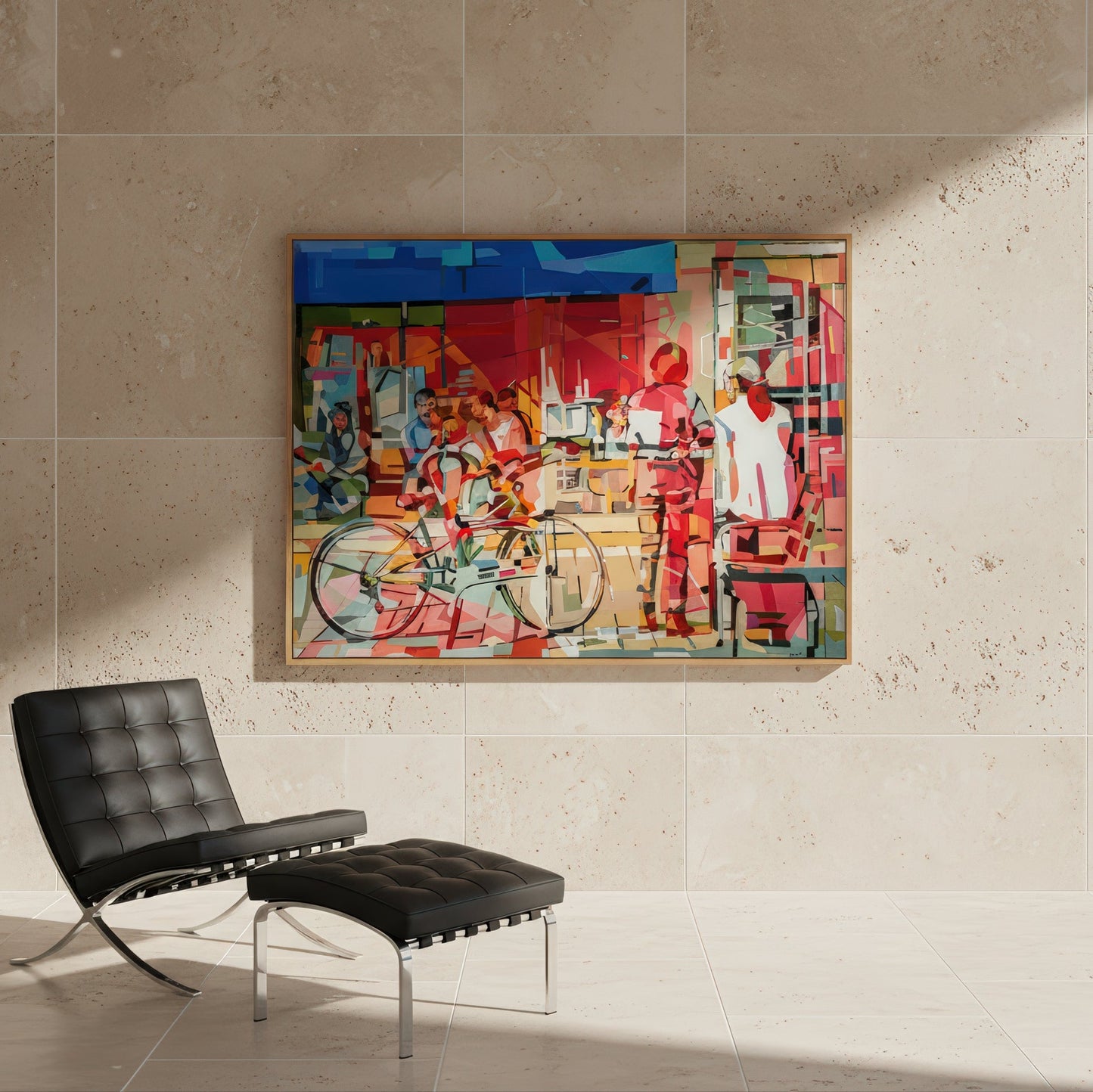 Coffee at Rothschild BV by Noemi Safir is a signed limited edition print with a bright city café setting where bicycles, outdoor seating, and figures in motion create a vivid everyday portrait of urban life.