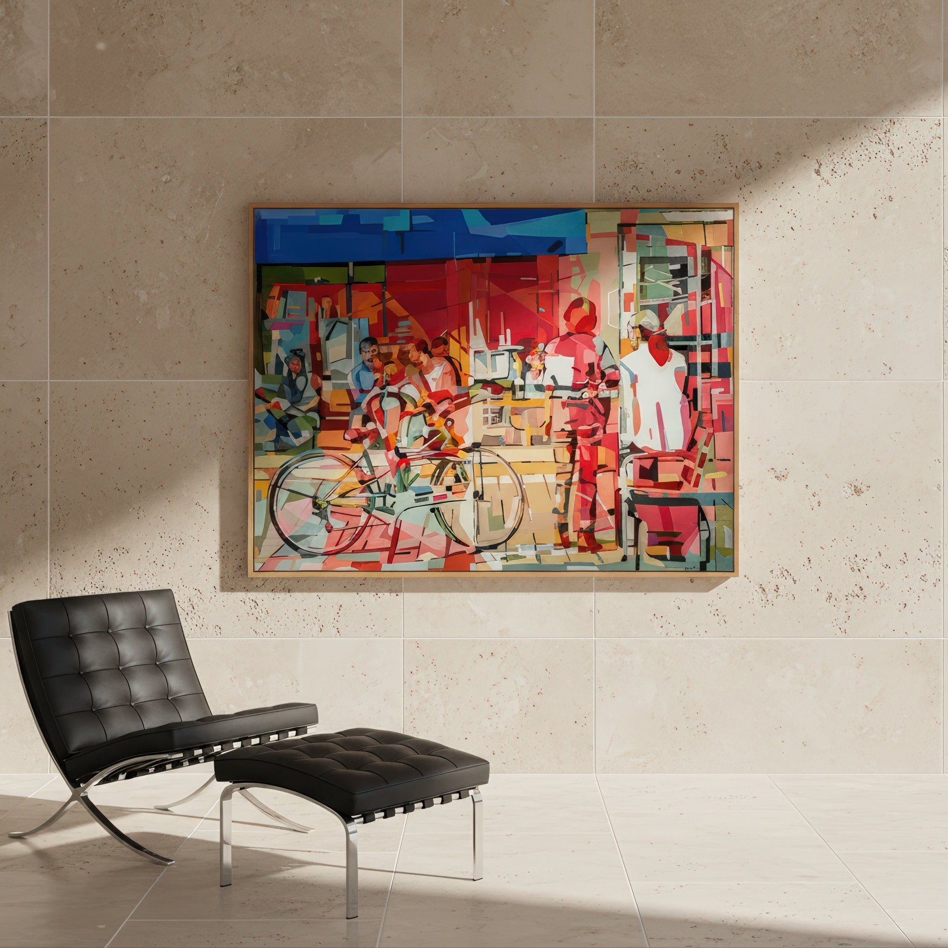 Coffee at Rothschild BV by Noemi Safir is a signed limited edition print with a bright city café setting where bicycles, outdoor seating, and figures in motion create a vivid everyday portrait of urban life.