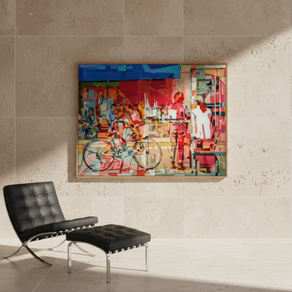Coffee at Rothschild BV by Noemi Safir is a signed limited edition print with a bright city café setting where bicycles, outdoor seating, and figures in motion create a vivid everyday portrait of urban life.