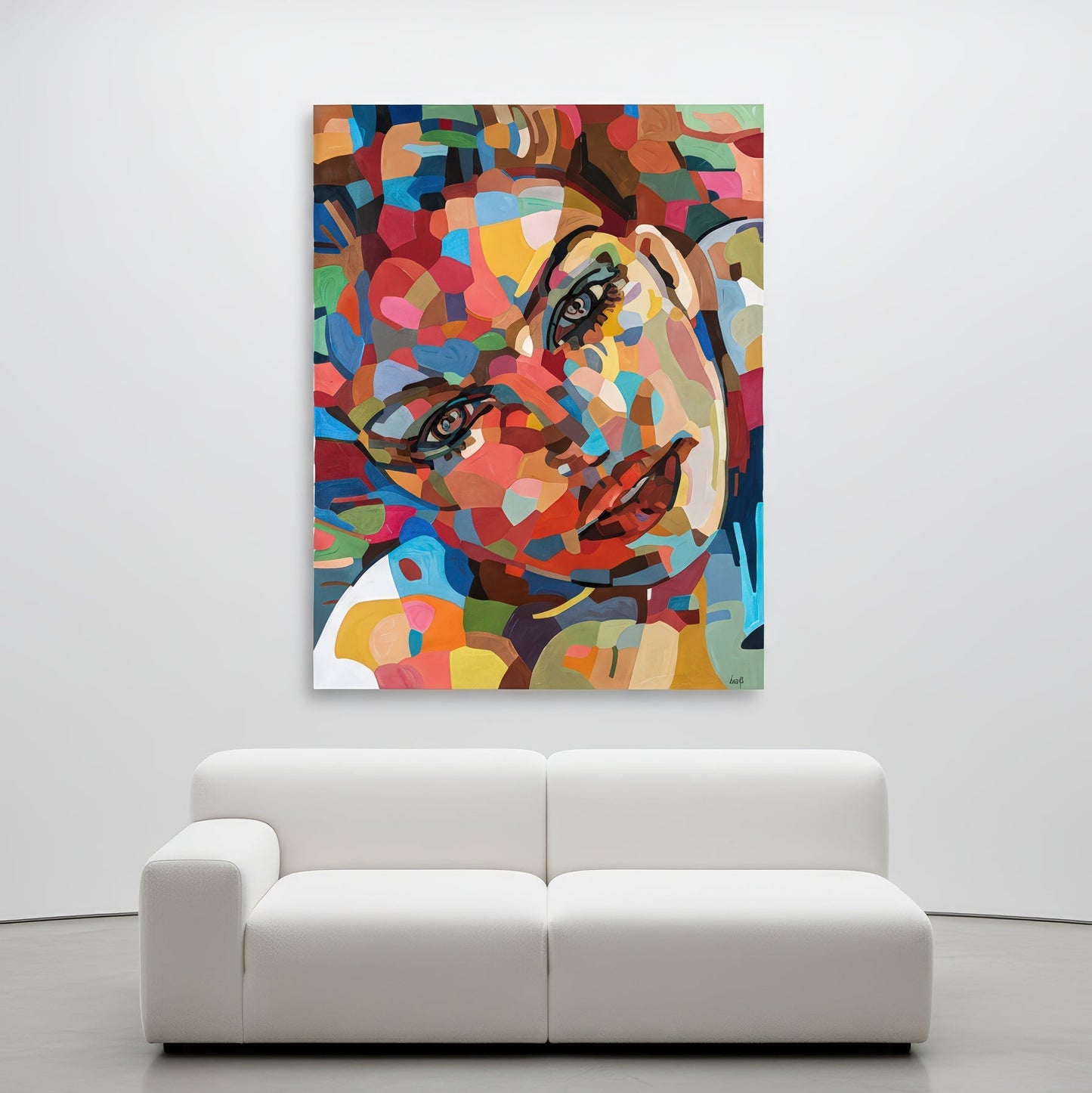Museum quality fine art print by Noemi Safir based on an original painting, showing a female face in a dynamic close up with strong black contour accents and layered tones of pink, blue, yellow, peach, and green.
