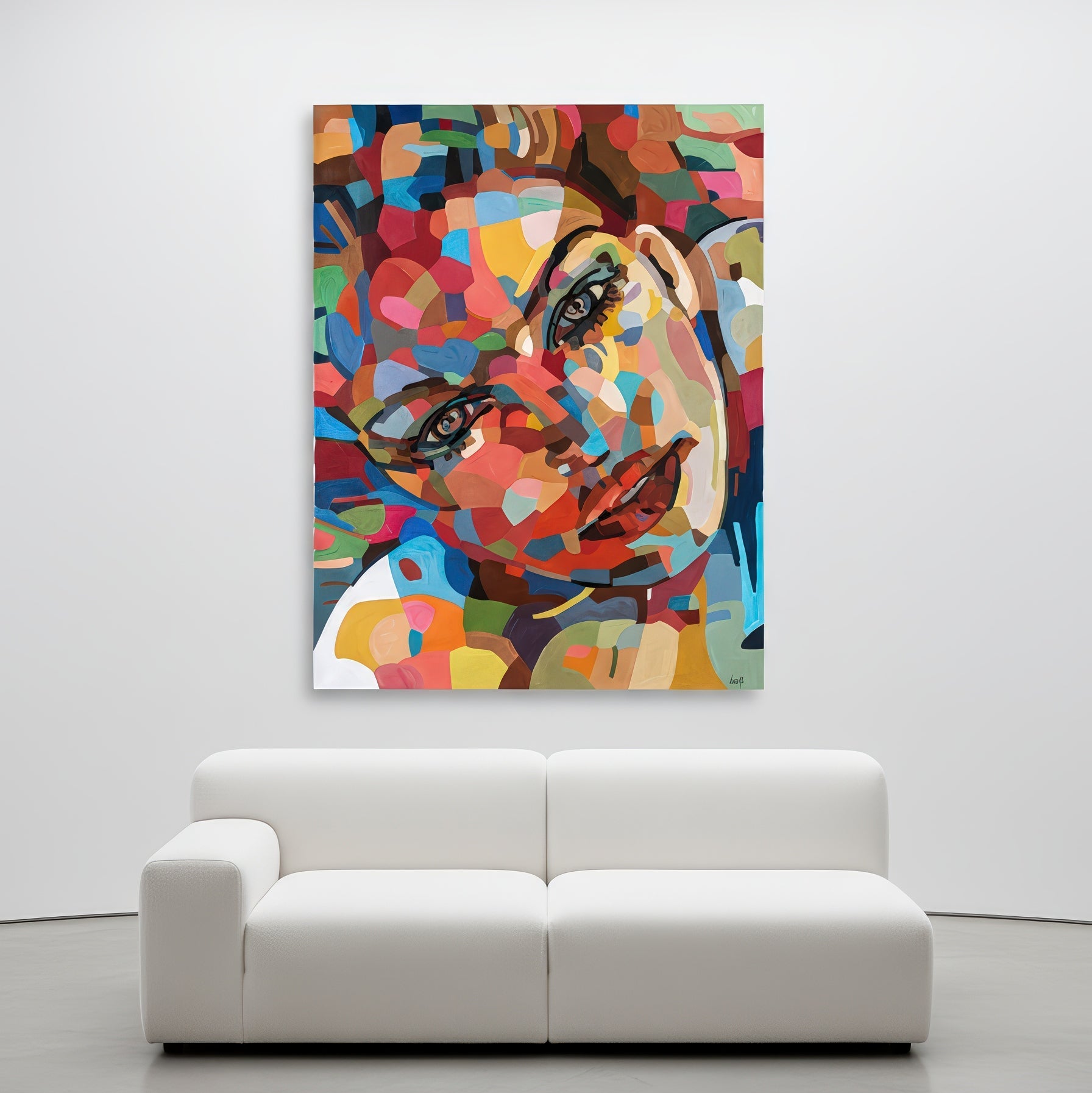 Museum quality fine art print by Noemi Safir based on an original painting, showing a female face in a dynamic close up with strong black contour accents and layered tones of pink, blue, yellow, peach, and green.