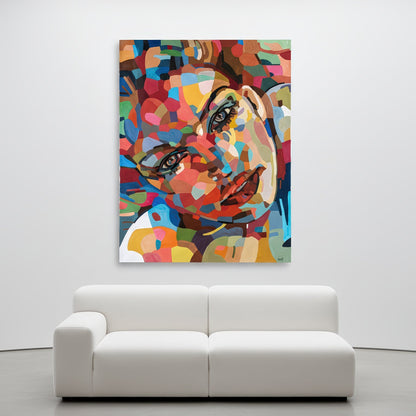 Museum quality fine art print by Noemi Safir based on an original painting, showing a female face in a dynamic close up with strong black contour accents and layered tones of pink, blue, yellow, peach, and green.