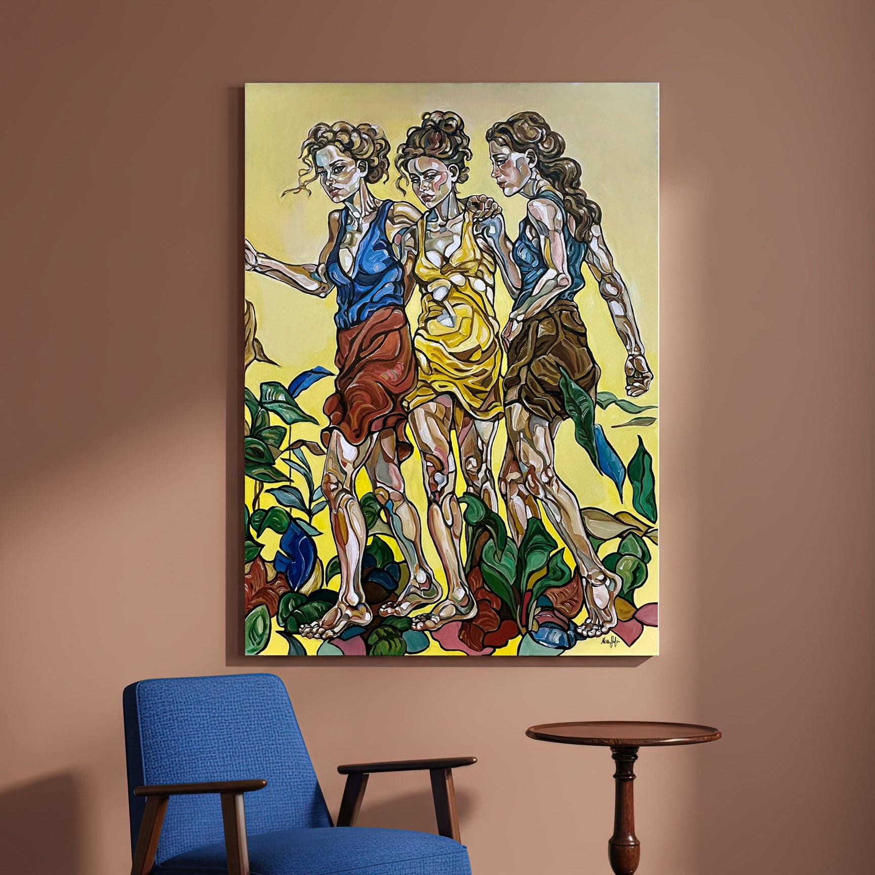 Fine art original by Noemi Safir with a female group portrait, bright yellow ground, expressive brushwork, and stylized bodily contours
