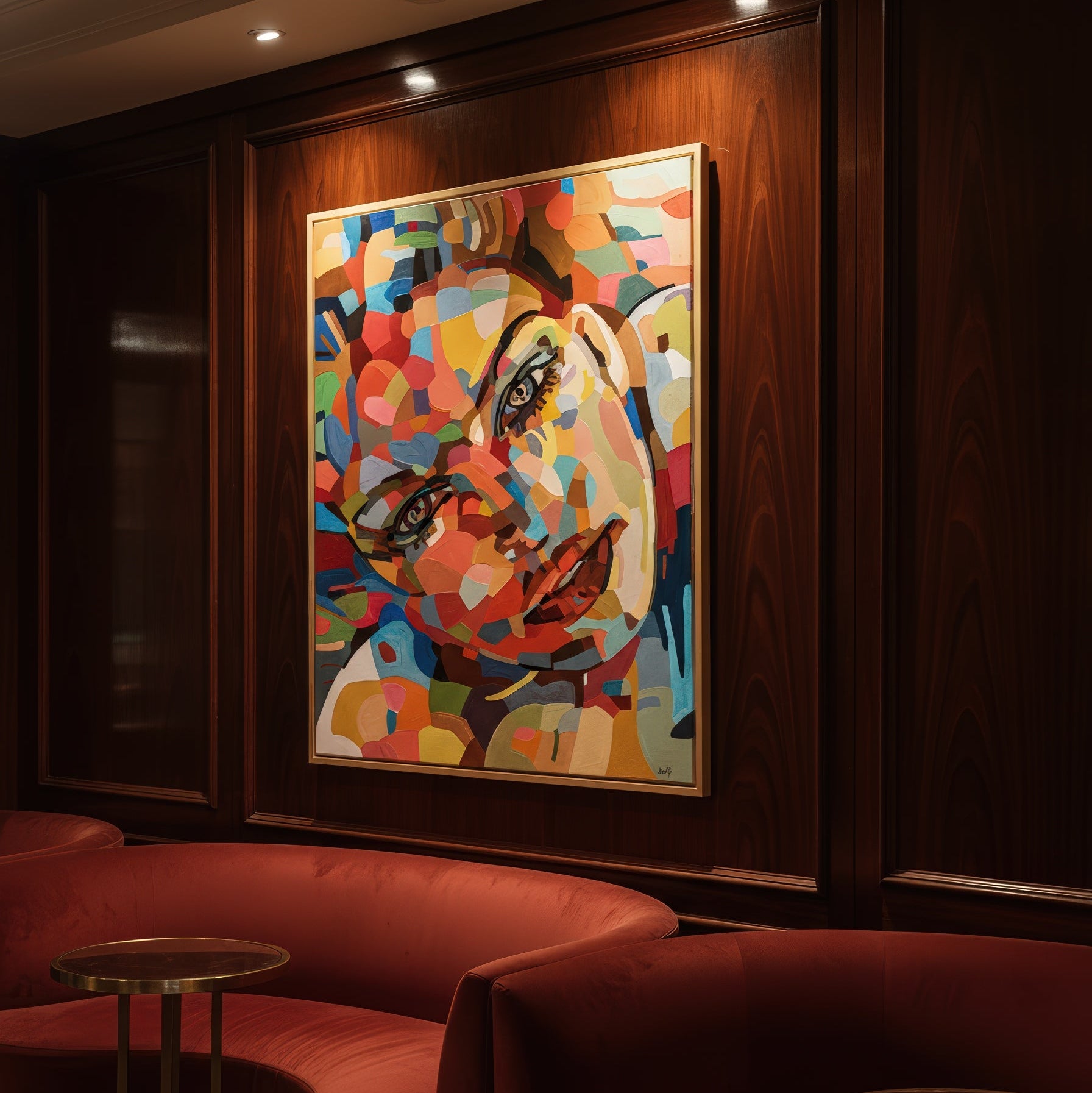 Limited edition contemporary portrait print by Noemi Safir, presenting a woman’s face through fragmented color fields of coral, fuchsia, turquoise, sky blue, mint, cream, and earthy brown in a bold expressive composition.