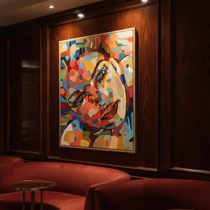 Limited edition contemporary portrait print by Noemi Safir, presenting a woman’s face through fragmented color fields of coral, fuchsia, turquoise, sky blue, mint, cream, and earthy brown in a bold expressive composition.