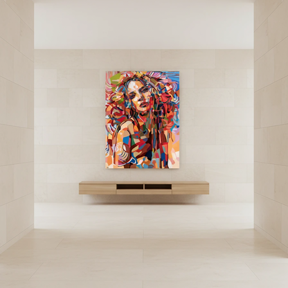Contemporary female portrait print by Noemi Safir featuring a woman with her hand near her head, surrounded by energetic curved brushwork and layered tones of magenta, orange, teal, blue, and pale blush.