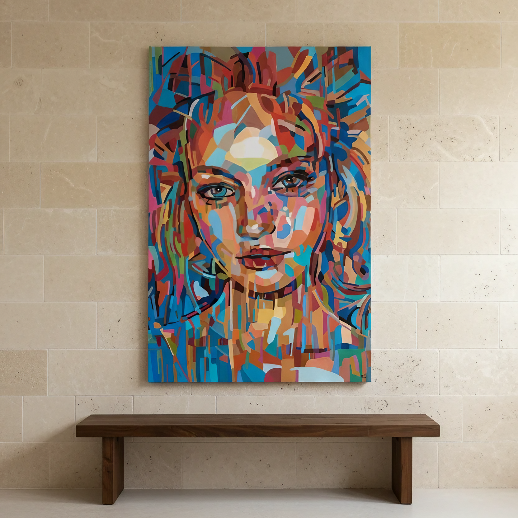 Collectible figurative art print by Noemi Safir featuring a close portrait of a woman with an intense direct gaze, surrounded by energetic geometric strokes in blue, pink, red, peach, teal, and orange.