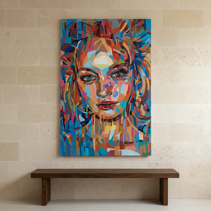 Collectible figurative art print by Noemi Safir featuring a close portrait of a woman with an intense direct gaze, surrounded by energetic geometric strokes in blue, pink, red, peach, teal, and orange.