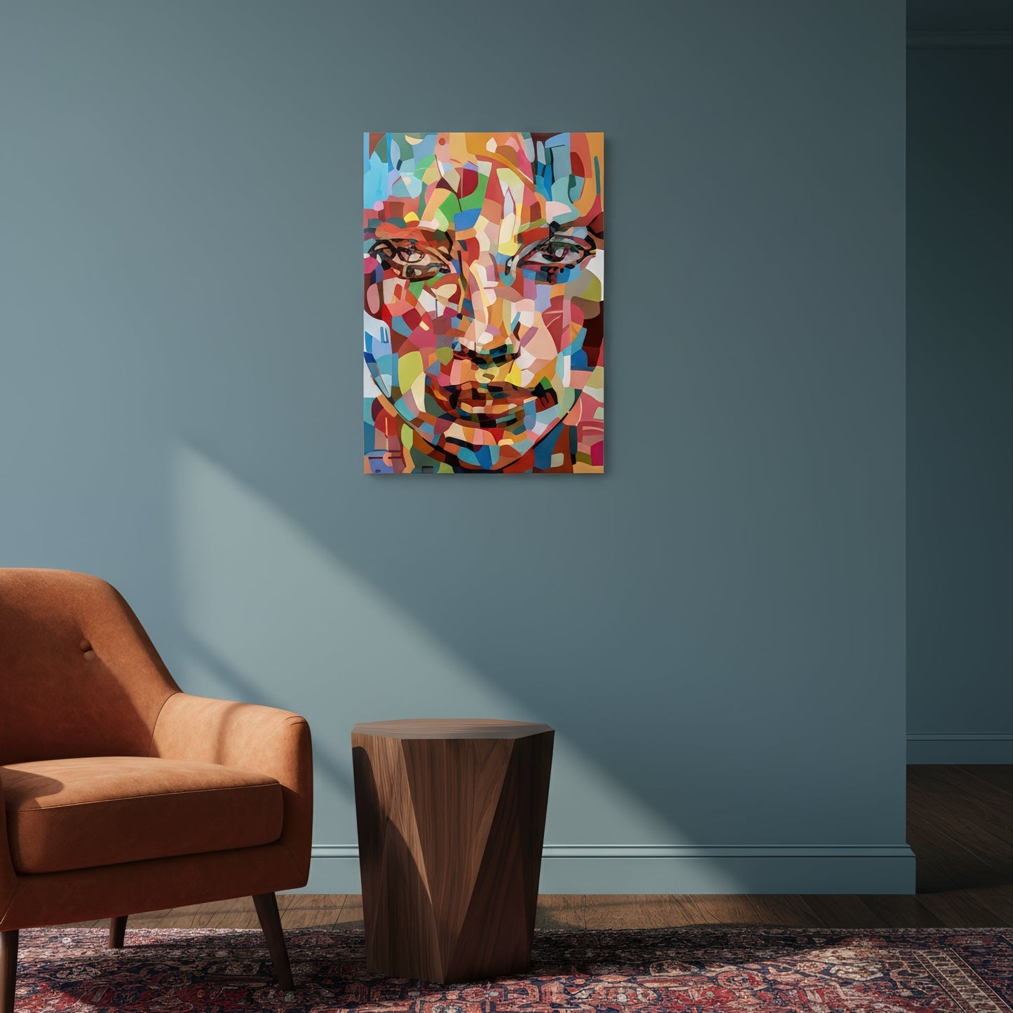Collectible figurative art print by Noemi Safir featuring a woman’s face with luminous eyes and a quiet expression, created through bold geometric color blocks in coral, turquoise, blush, orange, and deep blue.