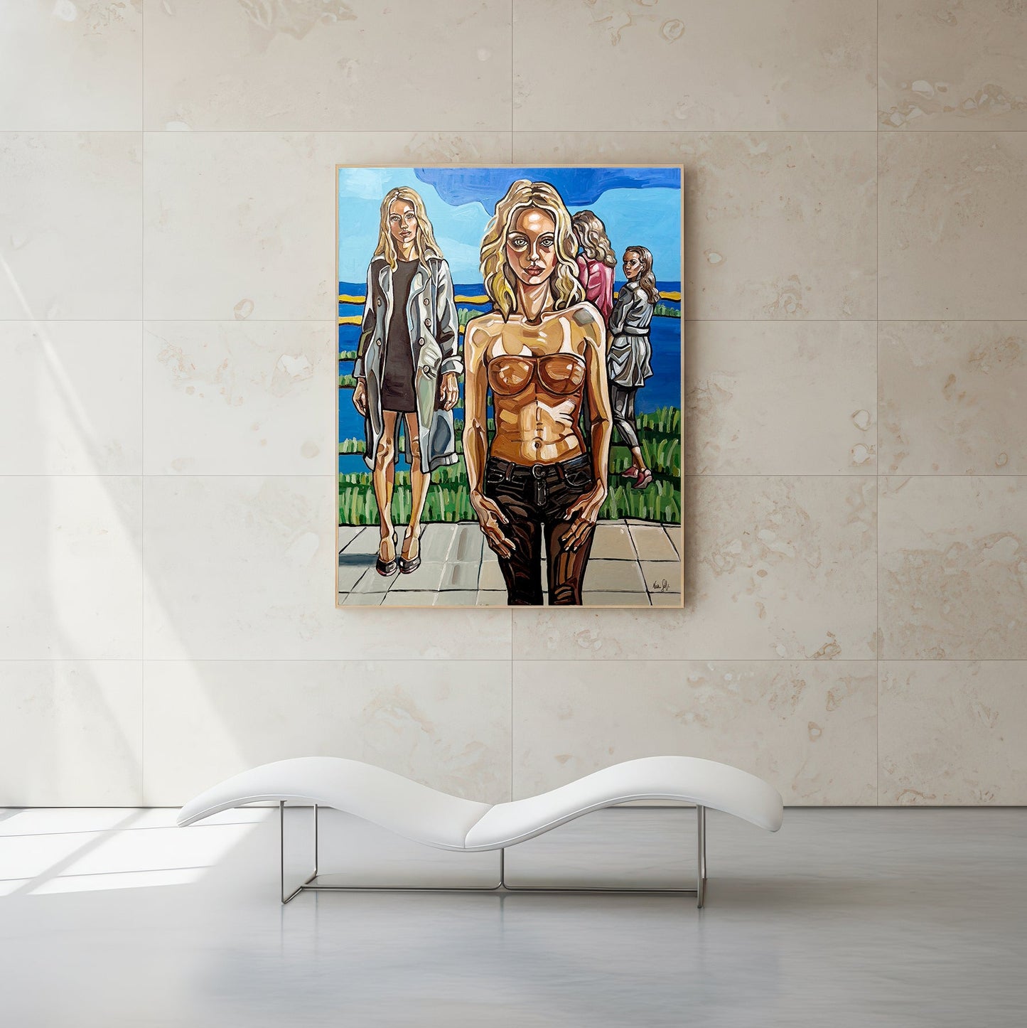 Original painting titled Inner Tides and Silent Hopes by Noemi Safir, a vertical figurative artwork with women, sea, and urban shoreline