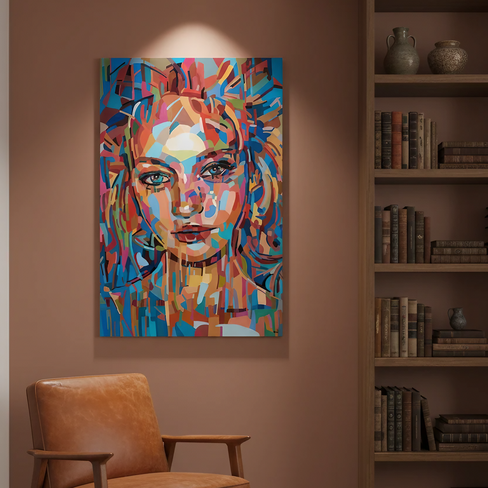 Limited edition contemporary portrait print by Noemi Safir, presenting a woman’s face through layered abstract color fields and expressive linework, creating a vivid balance of softness, strength, and emotional presence.