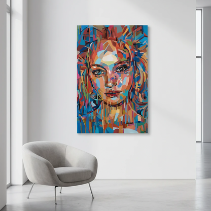 Museum quality fine art print by Noemi Safir based on an original painting, showing a female portrait in saturated tones of turquoise, sky blue, coral, peach, magenta, and warm earth colors.