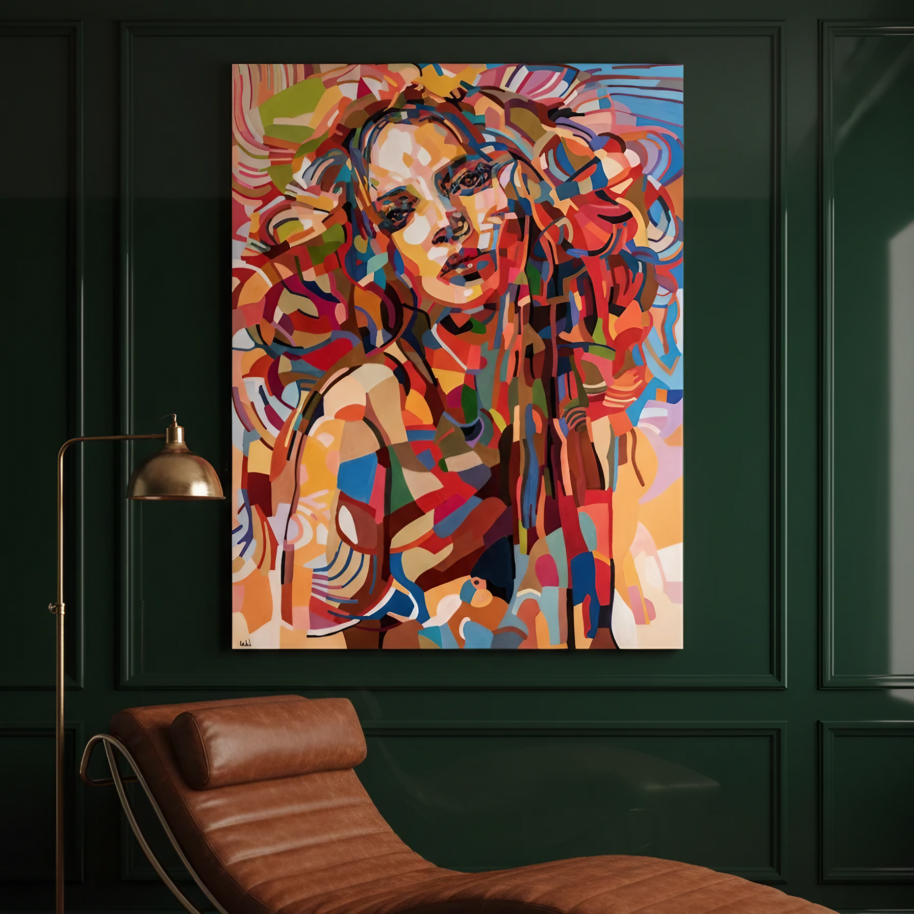 And so it is by Noemi Safir is a limited edition fine art print featuring an expressive female portrait in vivid tones of coral, pink, orange, blue, turquoise, green, and cream.