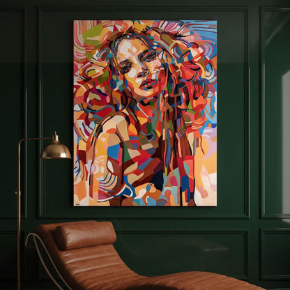And so it is by Noemi Safir is a limited edition fine art print featuring an expressive female portrait in vivid tones of coral, pink, orange, blue, turquoise, green, and cream.