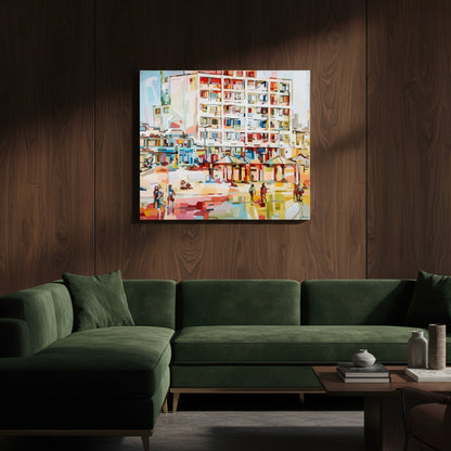 Tel Aviv from the beach is a limited edition art print by Noemi Safir depicting an urban beach view with geometric architecture, sandy open space, and people gathered near the shoreline in expressive blocks of pastel and sunlit color.