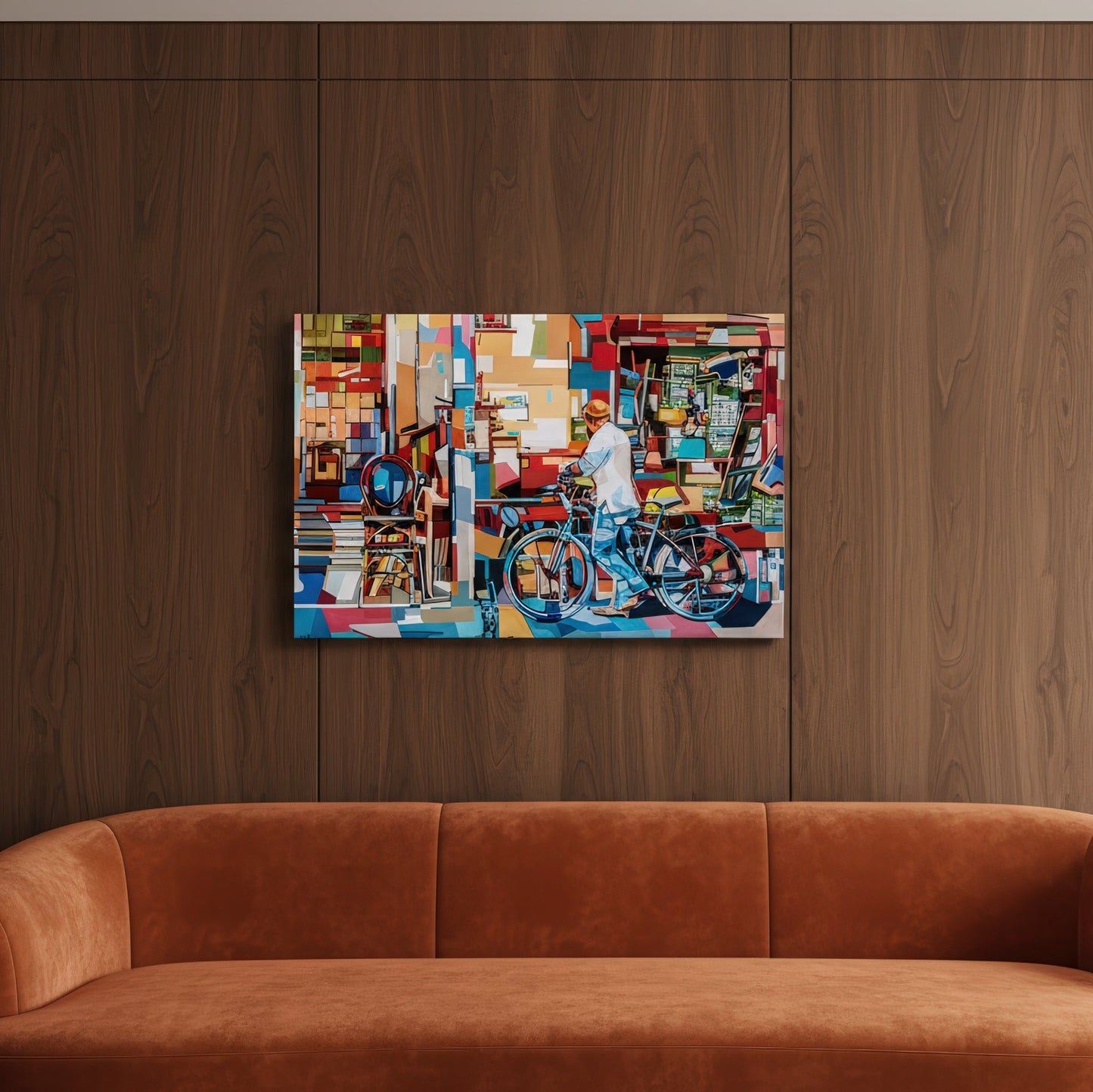 Limited edition city life print by Noemi Safir portraying a figure with a bicycle at a bustling flea market entrance, where shelves, furniture, and shop objects create a vibrant composition filled with movement, texture, and local atmosphere.