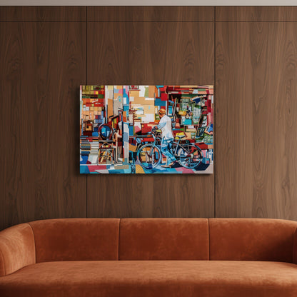Limited edition city life print by Noemi Safir portraying a figure with a bicycle at a bustling flea market entrance, where shelves, furniture, and shop objects create a vibrant composition filled with movement, texture, and local atmosphere.