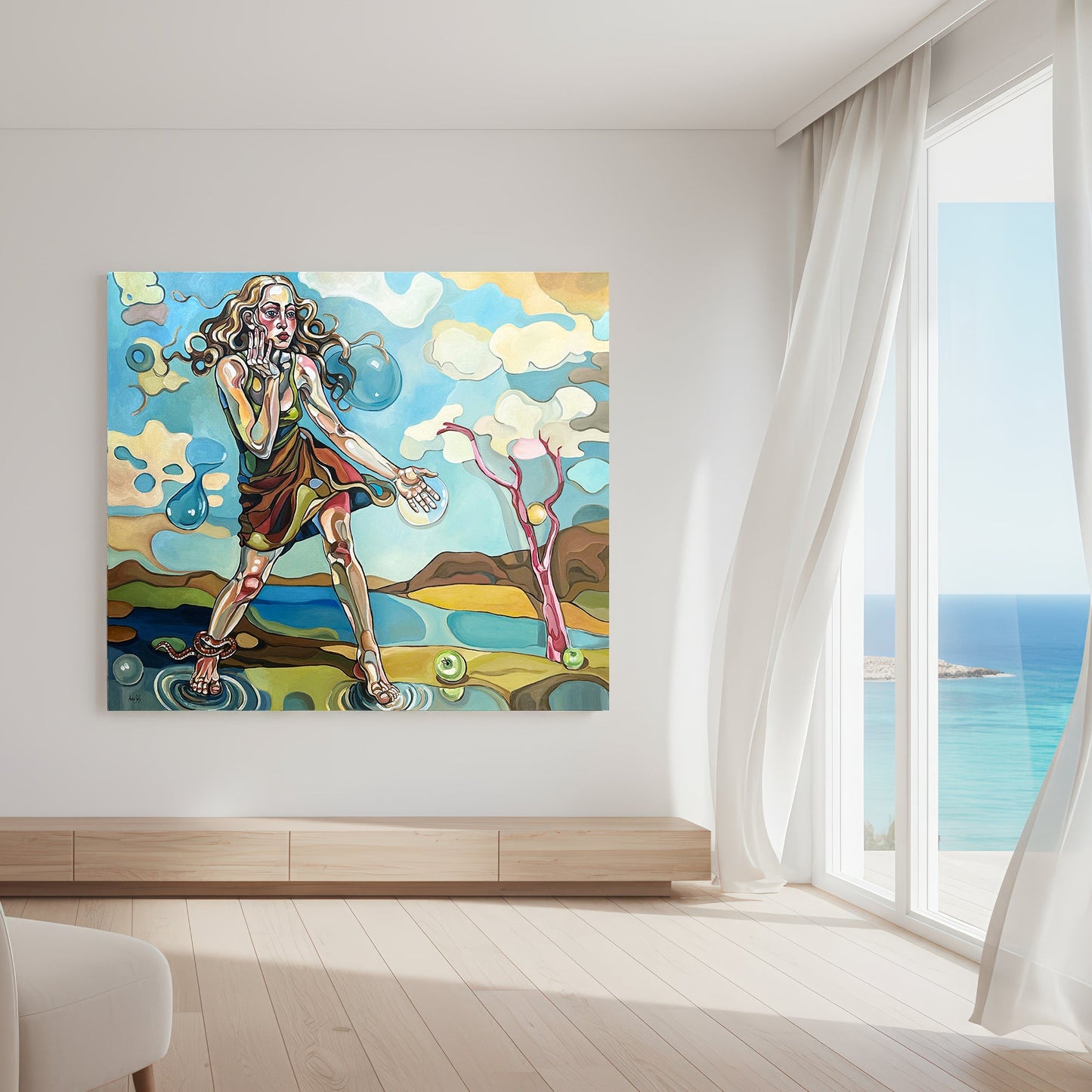 One of a kind original artwork by Noemi Safir showing a standing woman, blue sky forms, reflective ground, and a green apple in After Eden
