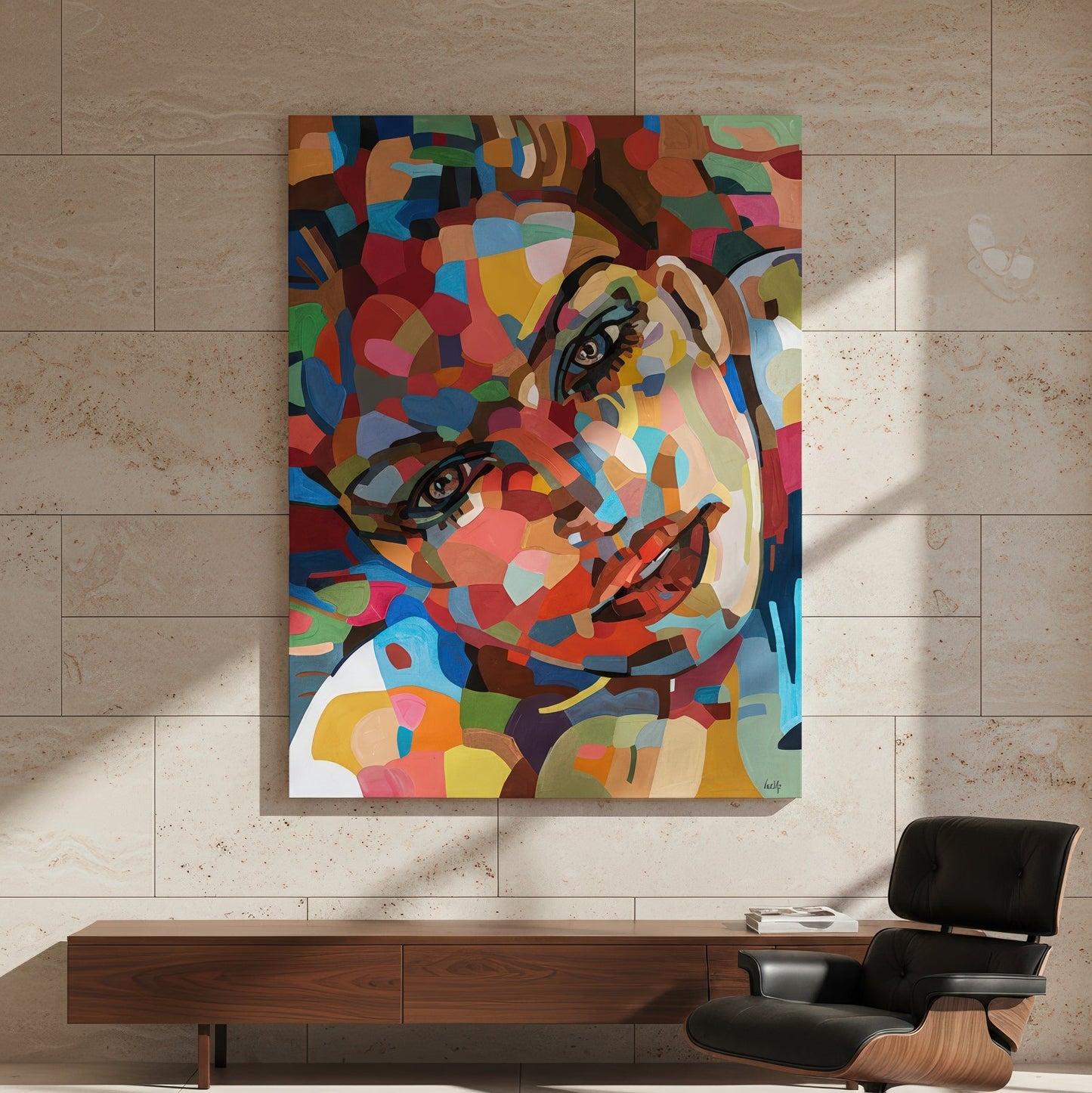 Are you keeping up with who you are is a limited edition art print by Noemi Safir depicting a female portrait with a direct gaze, built from layered painterly shapes in pink, red, aqua, blue, peach, yellow, and soft green.