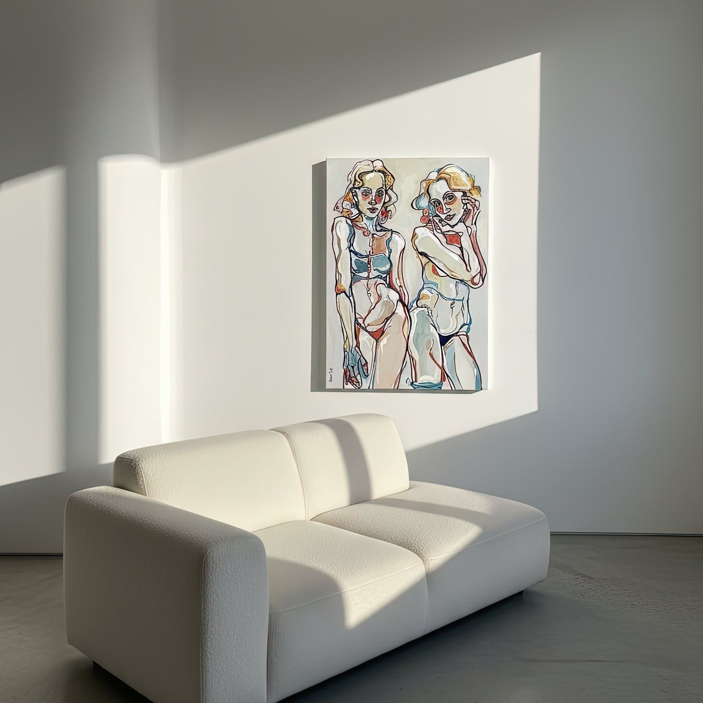 One of a kind original painting by Noemi Safir showing two standing women figures, expressive linework, and a pale background
