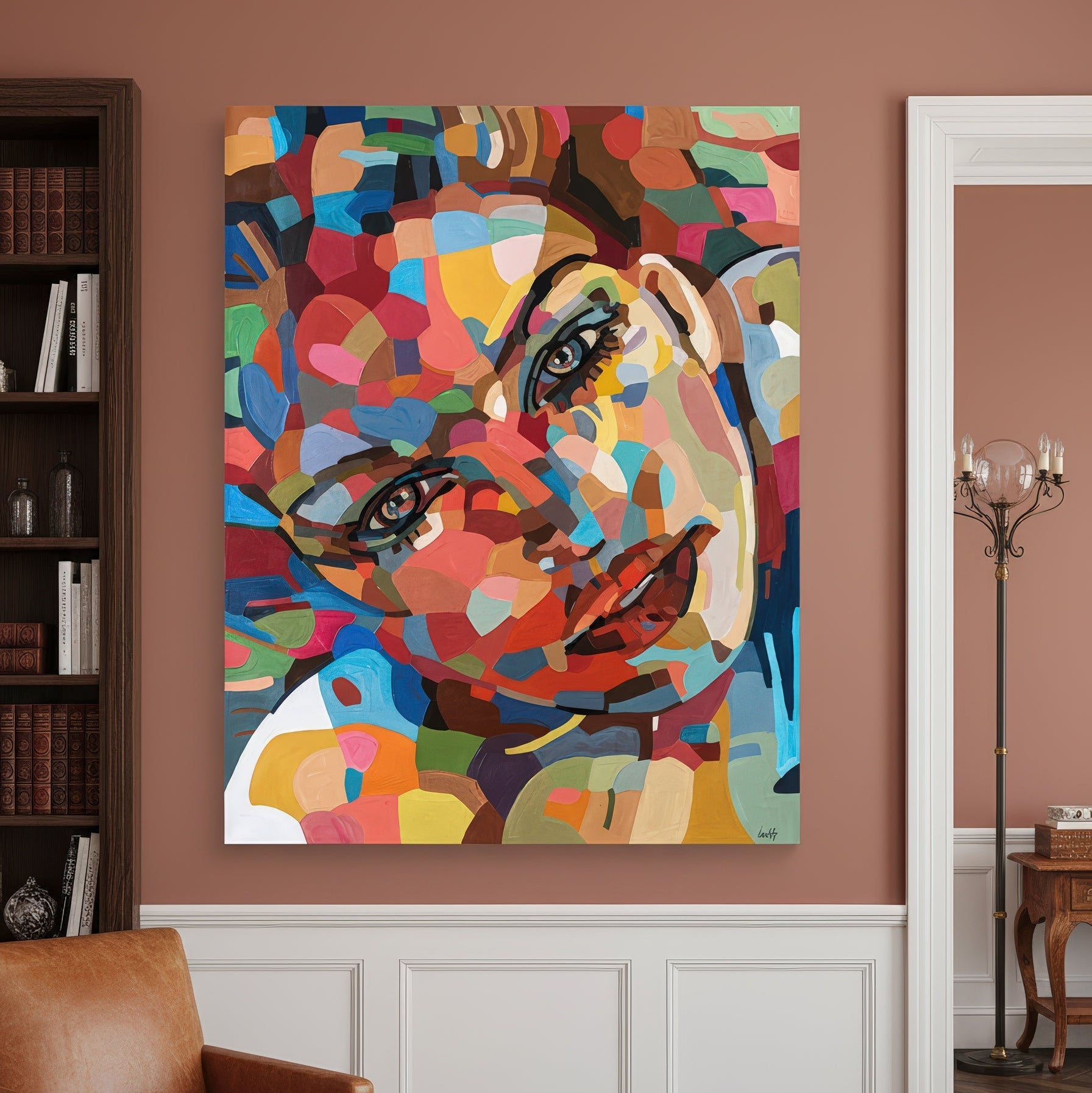 Signed and hand numbered fine art print by Noemi Safir, showing a woman’s face in a tilted close up composition, rendered through expressive abstract color blocks and bold contemporary brushwork.