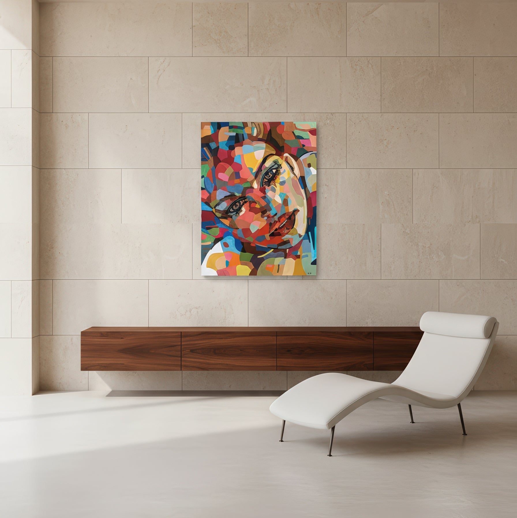 Contemporary female portrait print by Noemi Safir featuring a tilted face with striking eyes, full lips, and a vibrant mosaic of painterly shapes in coral, teal, light blue, lemon yellow, rose, and deep brown.