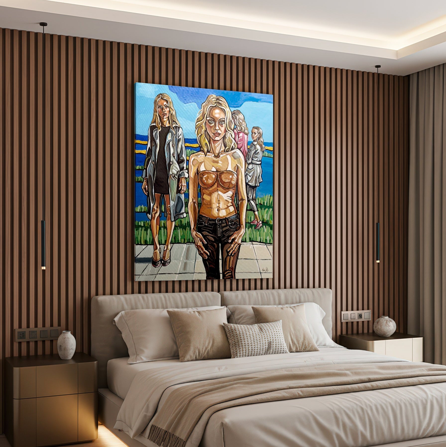 One of a kind original artwork by Noemi Safir showing a central blonde woman in front of a waterfront with three women in the background
