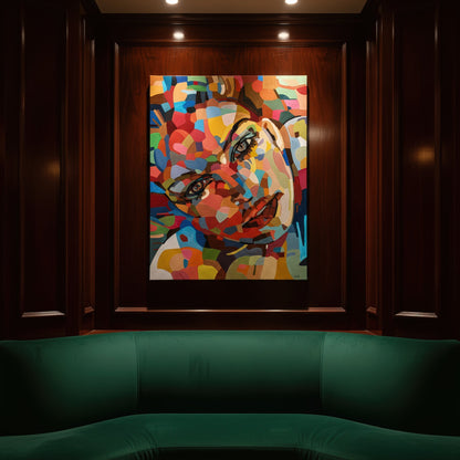 Collectible figurative art print by Noemi Safir featuring a close portrait of a woman with luminous eyes and rich multicolored facial planes, creating a vivid balance of softness, intensity, and modern presence.