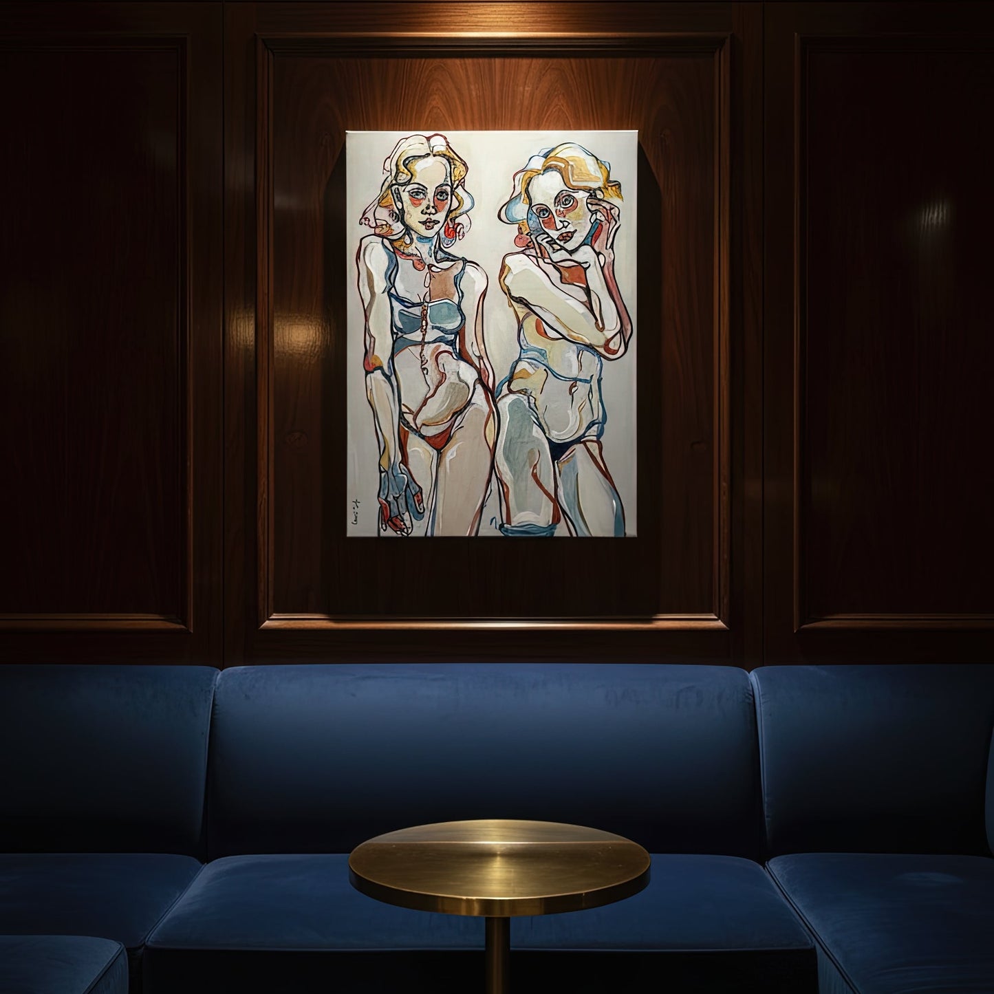 Original acrylic on canvas artwork by Noemi Safir with two women standing side by side in a psychological dual portrait expressive composition