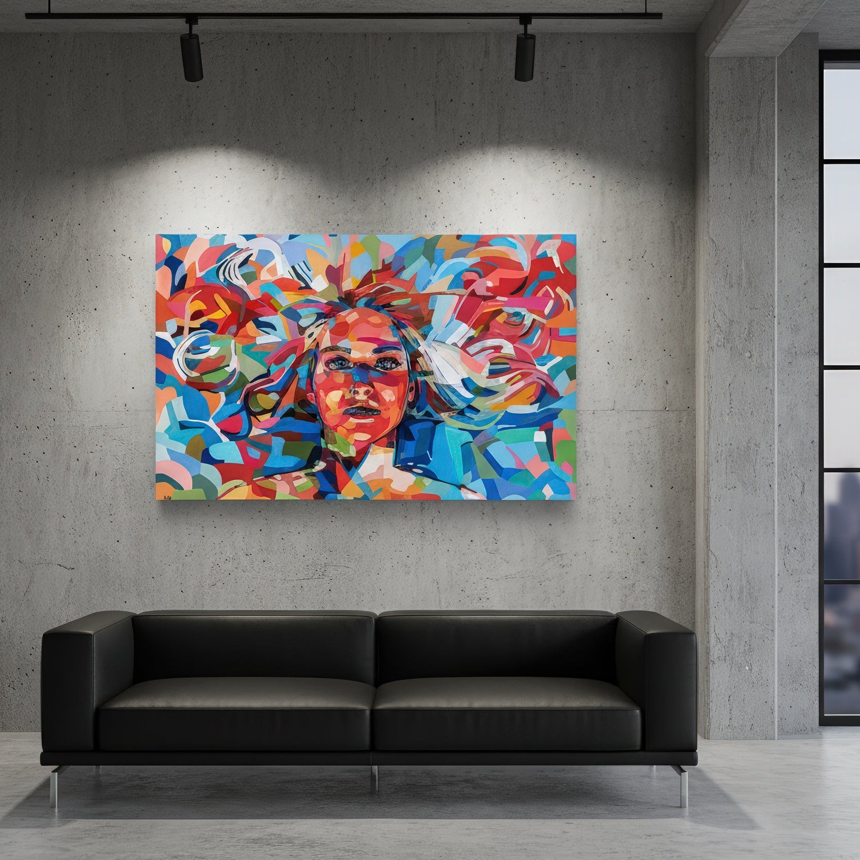 The nymph is a limited edition art print by Noemi Safir depicting a frontal female portrait framed by energetic abstract movement, painted in expressive layers of turquoise, coral, sky blue, blush, white, and orange.