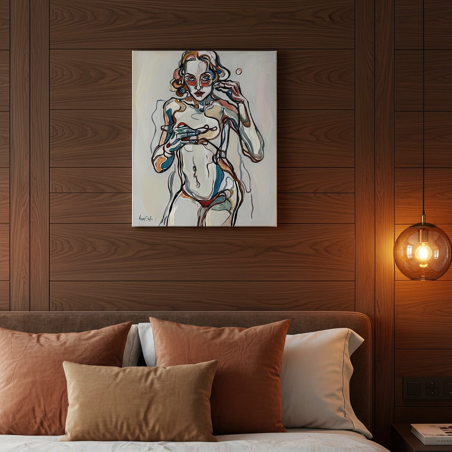 Original painting on canvas by Noemi Safir with a female figure, pale background, and expressive contour drawing